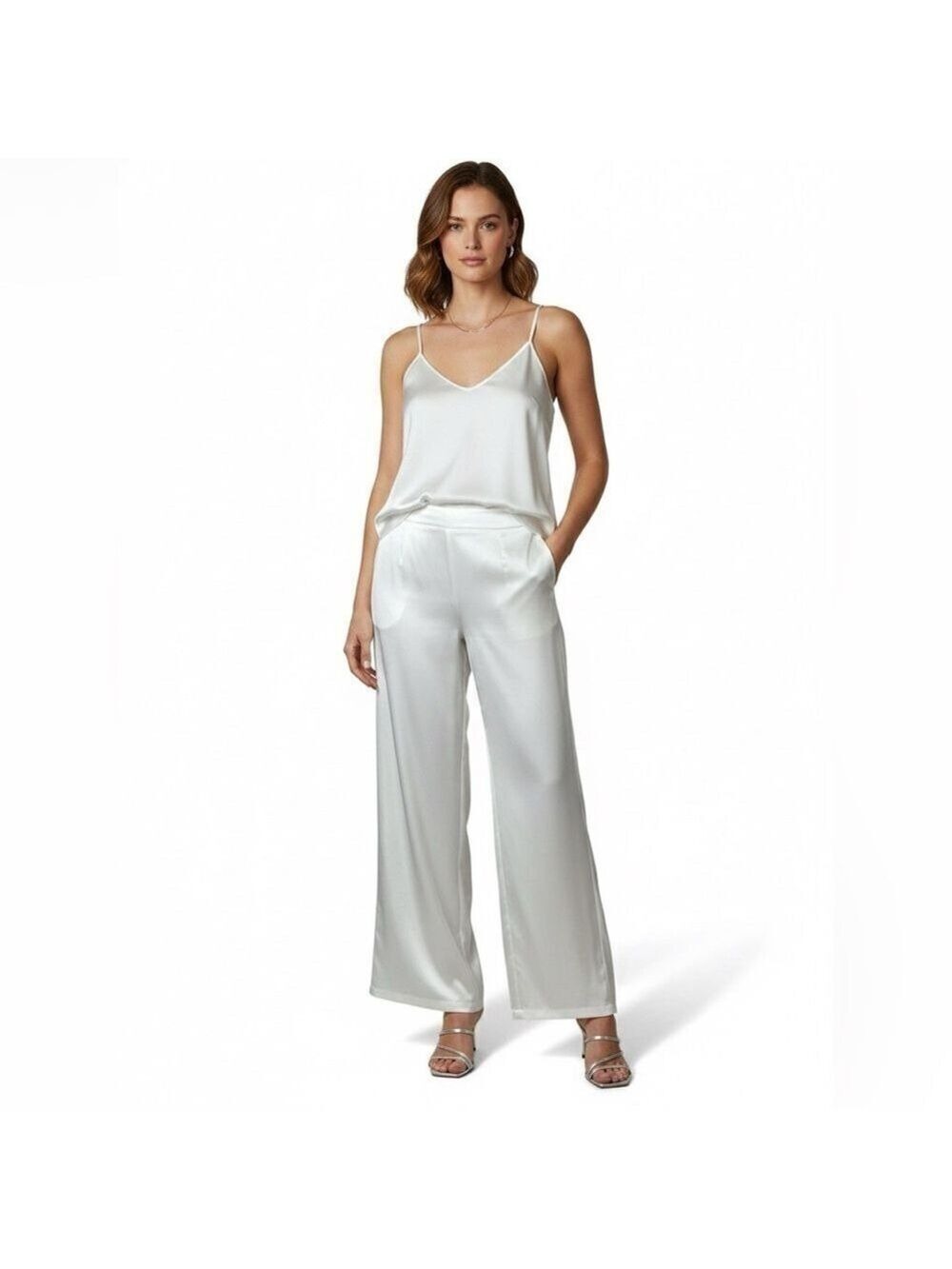 PRETTY LITTLE THING White Satin Wide Leg Flowy Pants Side Zip Close Us Sz 16